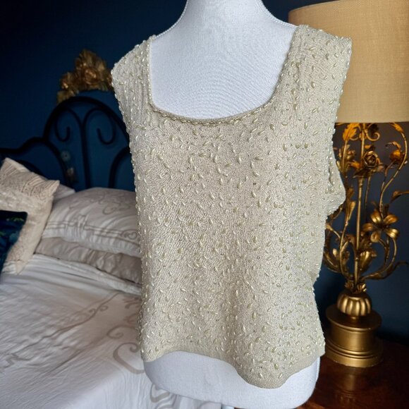 Vintage Cream Knit Tank w Embroidered Pearls and Sequins - Picture 4 of 14